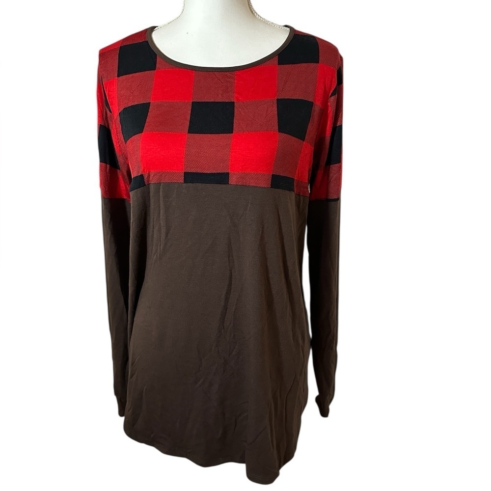 Zenana Plaid Color Block Long Sleeve Top.